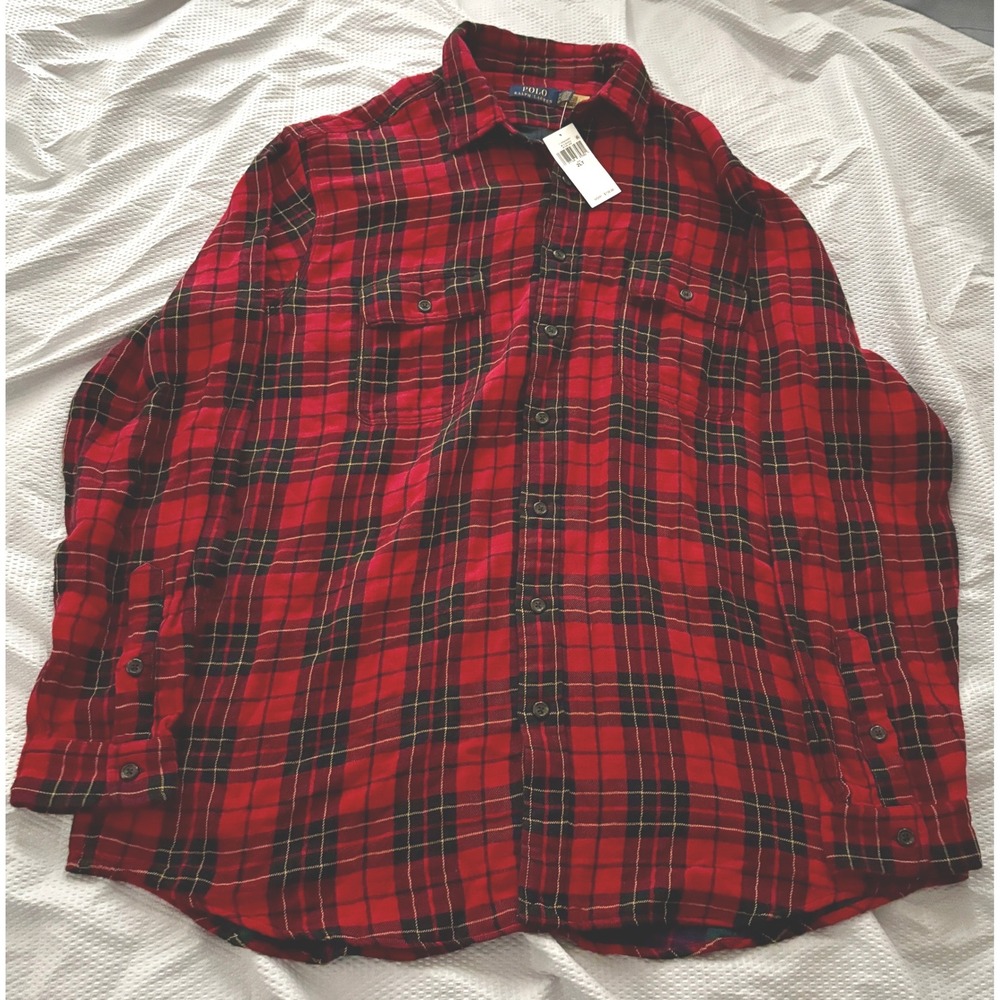 Polo Ralph Lauren Shirt Mens 2XLT Red Plaid Flannel Long Sleeve Button Up Casual